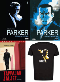 Parker-sarjakuvakirjat, t-paita, Tappajan jäljet -romaani sekä kirjanmerkki